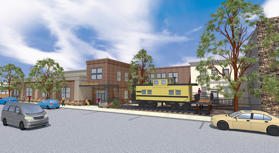 a digital rendering showing the expanded Bowman Museum, railcar and street parking
